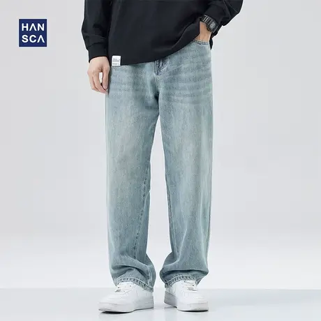 hansca蓝色牛仔裤男直筒宽松春季新款潮牌美式复古休闲水洗阔腿裤商品大图