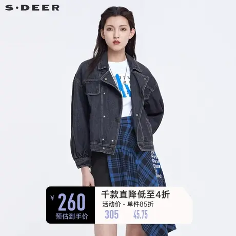 sdeer圣迪奥女翻领斜襟拼接复古磨白宽松牛仔外套S22162208图片