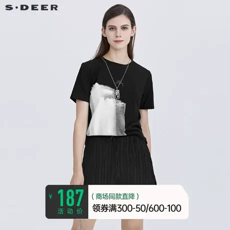 sdeer圣迪奥女装夏装时尚圆领字母印花小众黑色短袖T恤S21280122图片