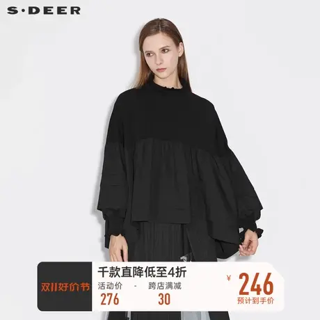 【商场同款】sdeer圣迪奥木耳边圆领拼接不规则针织衫S21383511图片