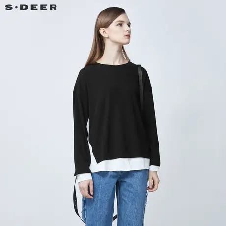 sdeer圣迪奥女装罗纹圆领撞色拼接假两件长袖T恤S21480208图片