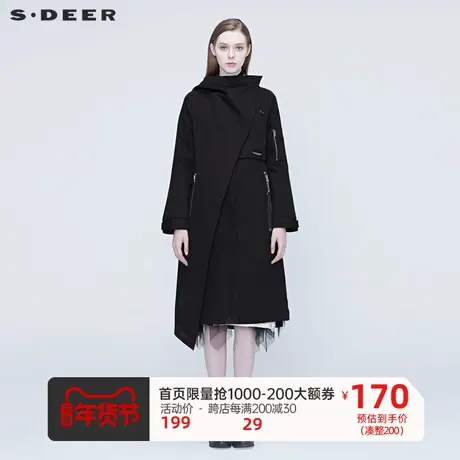 sdeer圣迪奥黑色风衣女装不规则领印花长款风衣外套女S20381815图片