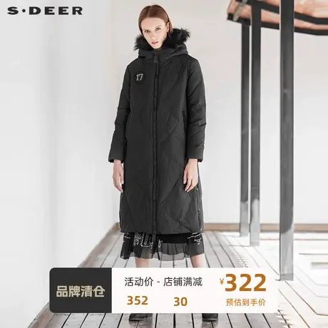 sdeer圣迪奥女装高领连帽字母印花插袋开衩长款羽绒服S19462402图片