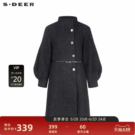 【反季清仓】sdeer圣迪奥立领格纹泡泡袖长款毛呢大衣S224Z25B1图片