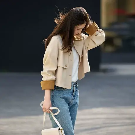 时尚气质风衣2025年春季新款女撞色温柔百搭韩版短款休闲翻领上衣商品大图