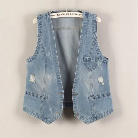 牛仔马甲女背心短款个性春秋新款无袖休闲小外搭修身v领坎肩破洞商品大图