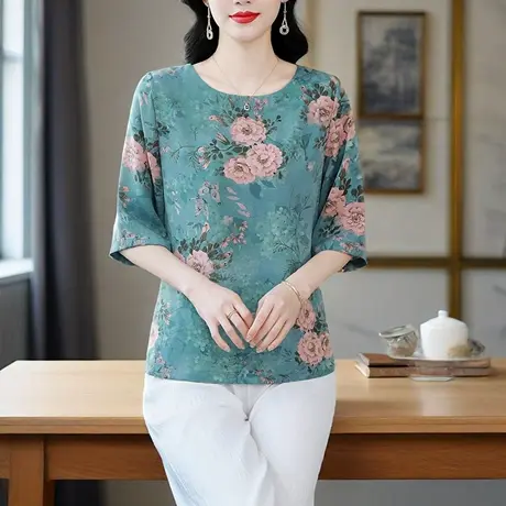 高端真丝桑蚕丝印花圆领T恤女短袖2025新款夏季薄款气质妈妈夏装商品大图