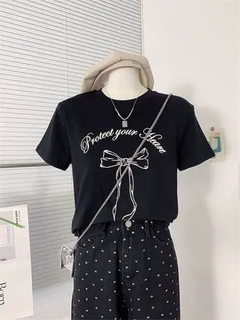 2024夏季新款小个子正肩短袖T恤女 蝴蝶结字母印花百搭韩版上衣潮图片