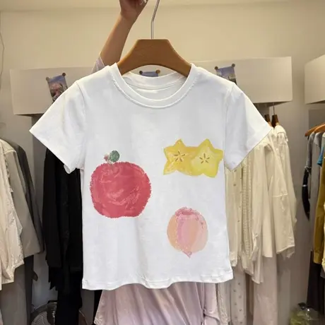 小个子短款短袖T恤女夏季修身韩版内搭打底衫设计感小众印花上衣商品大图
