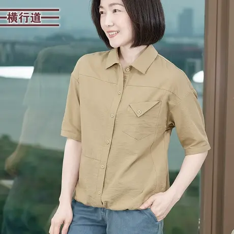休闲宽松短袖女装显瘦衬衫纯色百搭工装衬衣小衫夏装翻领上衣正装图片