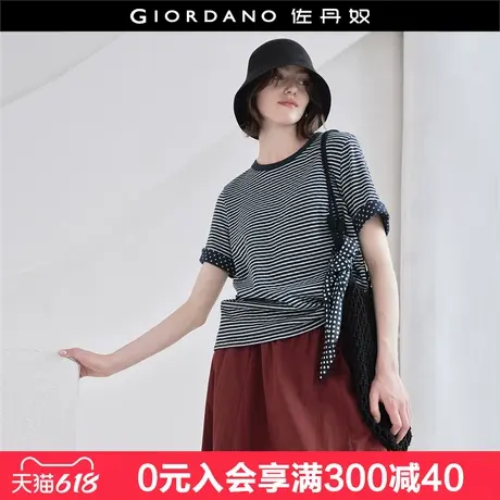 设计师款佐丹奴条纹T恤女装夏季拼波点宽松圆领短袖T恤女18325610图片