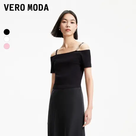 Vero Moda奥莱T恤女夏季新款优雅简约吊带一字肩水钻短袖上衣百搭商品大图