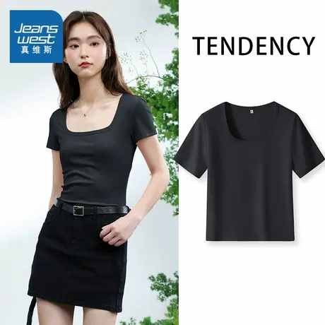 KMV真维斯黑色短袖t恤女2025夏新款方领正肩短款紧身修身显瘦体恤商品大图