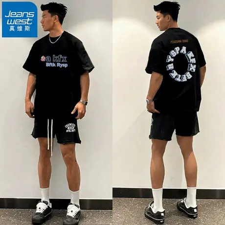 NR真维斯黑色纯棉正肩短袖t恤男女夏季新款潮牌印花别致百搭上衣商品大图