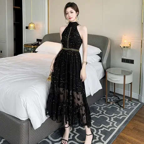 雪纺赫本风挂脖露背晚礼服女高级感名媛宴会正式场合a字连衣裙夏图片