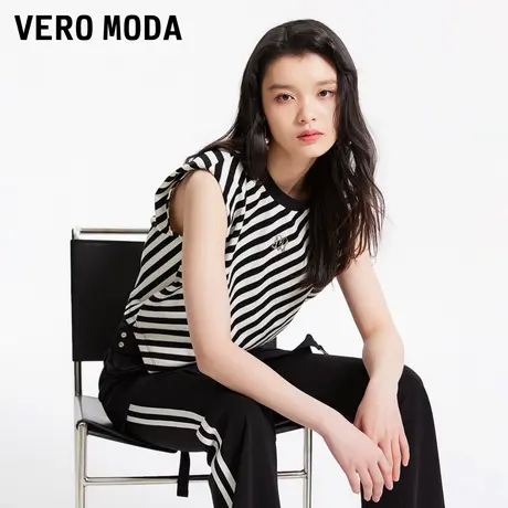 Vero Moda奥莱T恤女春秋新款舒适潮流圆领条纹宽松垫肩上衣商品大图