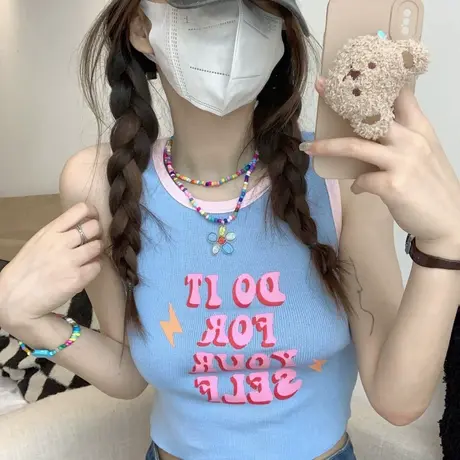 蓝色宽肩带吊带背心女夏无袖多巴胺外穿泰式演唱会穿搭甜辣妹上衣商品大图