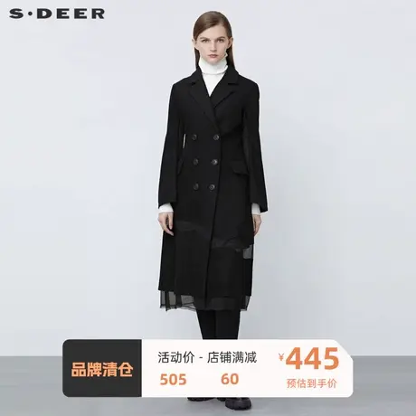 sdeer圣迪奥女装西装领双排扣网纱拼接毛呢大衣S21481852🛺商品大图