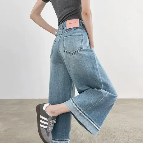 复古毛边阔腿九分牛仔裤女夏季薄款高腰宽松小个子显瘦翻边直筒裤商品大图