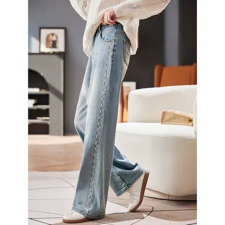 宝诗黎高腰休闲刺绣牛仔裤女2025春季宽松显瘦阔腿拖地直筒长裤商品大图