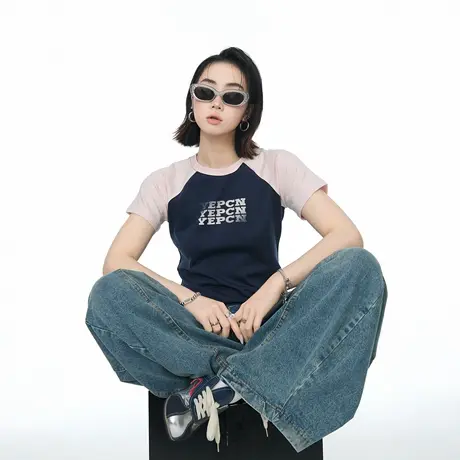 2025新款潮牌字母印花短袖T恤女短款修身显瘦街头ins风半袖上衣图片