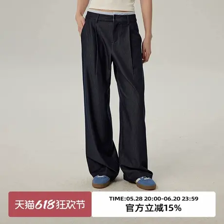 omont蛋挞家 复古撞色腰设计休闲裤2025春季高腰直筒显瘦西装裤子商品大图