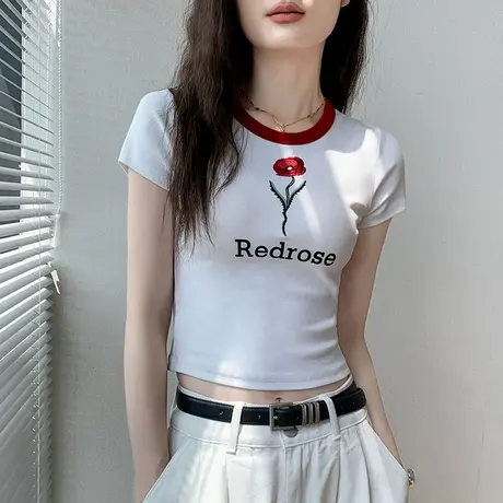 歌倍尚白色短袖T恤女2025夏季玫瑰刺绣设计感正肩短款圆领上衣图片