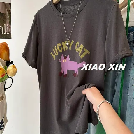 喵星人~韩国卡通猫咪印花短袖T恤女装宽松夏季薄料休闲上衣打底衫商品大图
