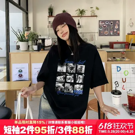 vintage美式复古风黑色短袖t恤女小众超火宽松显瘦重磅半袖上衣潮图片