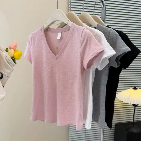 韩系正肩V领短袖T恤女夏季修身韩版竹节棉打底衫内搭简约半袖上衣商品大图