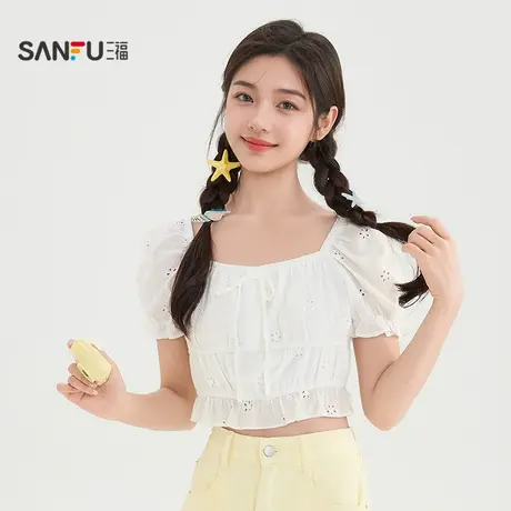 三福短衬衫2025夏季绑带领口泡泡袖时尚甜美上衣女装503870图片