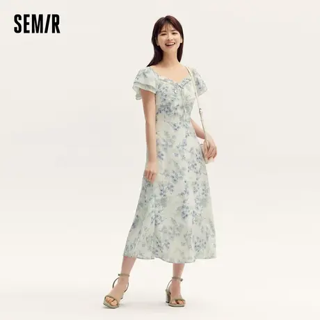 森马连衣裙女木耳边方领小飞袖夏季2024新款小清新雪纺碎花裙文艺商品大图