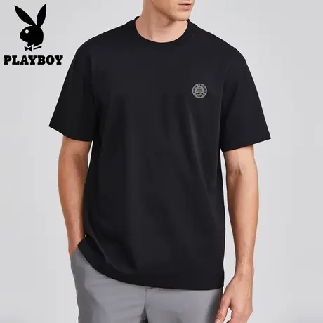 【持久舒适】花花公子夏季黑白色短袖T恤休闲印花打底内搭男士装图片