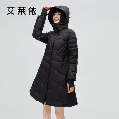 艾莱依官方正品羽绒服女冬季新款时尚连帽中长款保暖黑色防寒外套商品大图