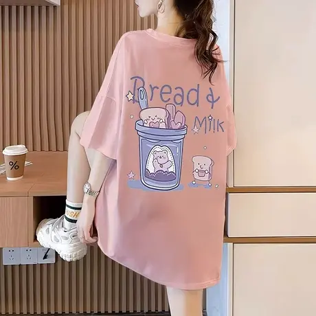 大码纯棉短袖t恤女夏季2023新款宽松韩版ins潮设计感小众粉色上衣商品大图