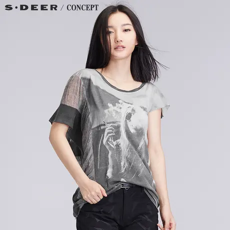 sdeer圣迪奥女夏做旧抽象印花不对称设计感上衣S16280189图片