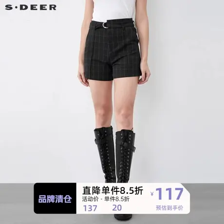 S·DEER圣迪奥女装冬季复古腰带压褶撞色格纹A字短裤S21460910图片