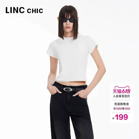LINC金羽杰正肩短袖女T恤夏性感插肩上衣女圆领短袖T恤S242FK256Y商品大图