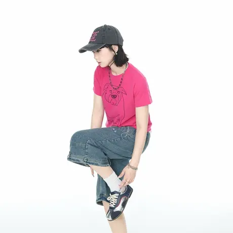 2025夏季新款短款正肩短袖T恤女美式辣妹风狗狗印花修身半袖上衣图片