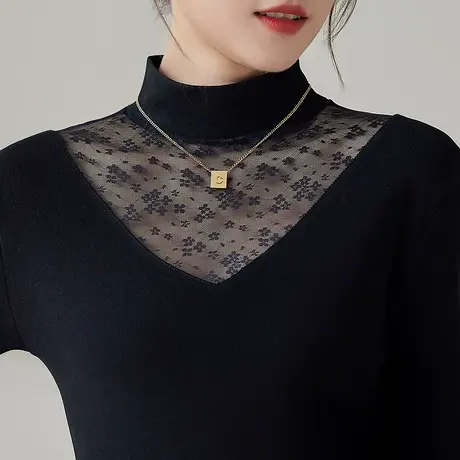 五公主蕾丝打底衫新款秋冬季黑色高领小衫妈妈洋气气质内搭上衣厚图片