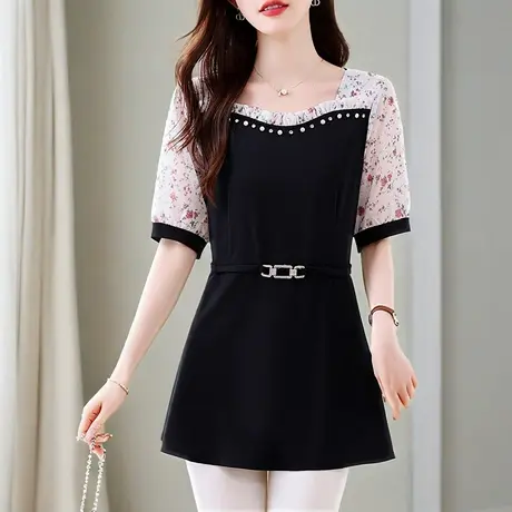 时尚方领中长款t恤女2025年新款夏装超好看短袖雪纺接拼妈妈上衣商品大图