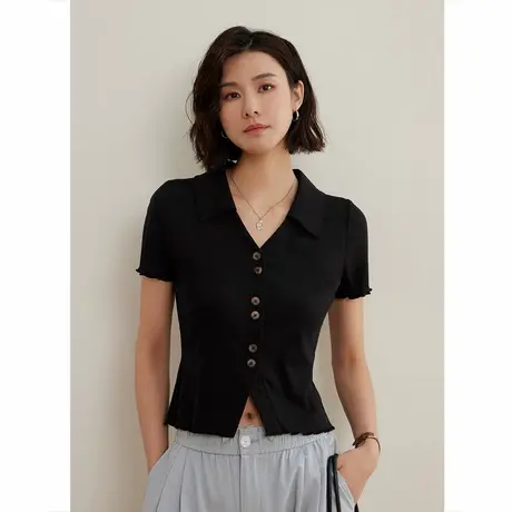 弥古黑色冰丝针织短袖t恤女新款夏季薄款修身polo领法式掐腰上衣图片