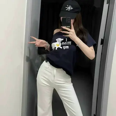 韩版2025夏季新款卡通小狗字母印花圆领短袖中长款休闲上衣T恤女图片