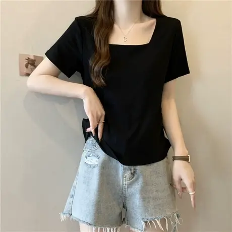 辣妹方领正肩短袖T恤女夏季修身露锁骨短款上衣 内搭外穿打底衫潮商品大图