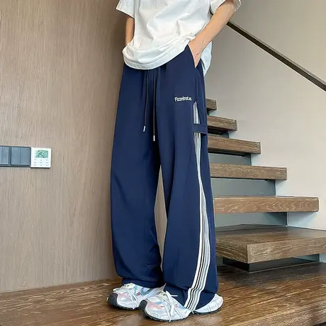 侧边条纹冰丝裤子男夏季2025新款宽松直筒休闲裤美式大码阔腿长裤商品大图