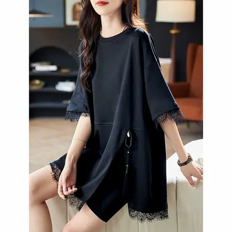 宝诗黎蝙蝠袖蕾丝拼接五分袖T恤2025夏季简约纯色棉宽松大码女装商品大图