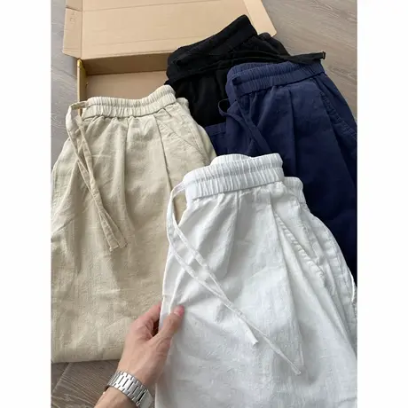 老钱风白色棉亚麻裤子男夏季薄款日系穿搭阔腿裤直筒宽松休闲长裤商品大图