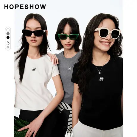 红袖撞色LOGO刺绣套头T恤女hopeshow2024春季新款小圆领正肩短袖图片
