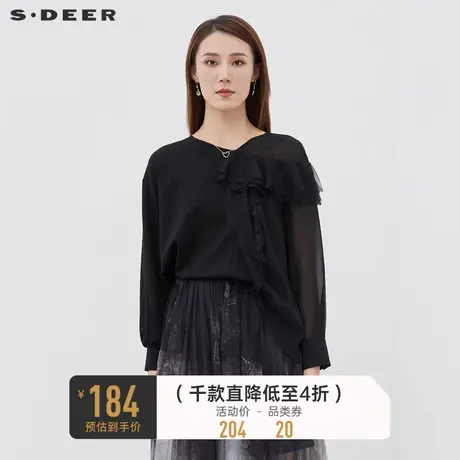 sdeer圣迪奥女秋装V领蕾丝网纱拼接不规则长袖T恤S221Z0229⌛商品大图