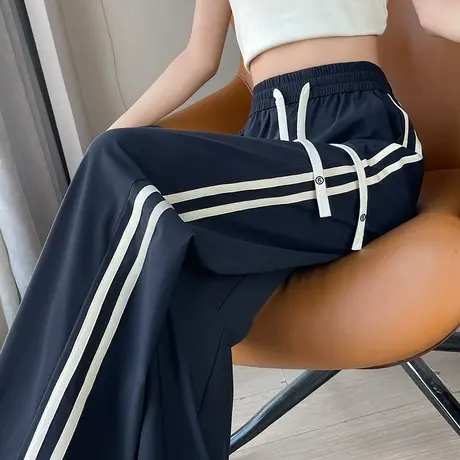 冰丝阔腿裤女夏季薄款高腰宽松垂感拖地休闲侧条纹速干抽绳运动裤图片